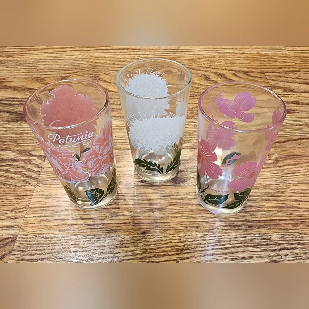 Set of 3 Vintage Floral Drinking Glasses